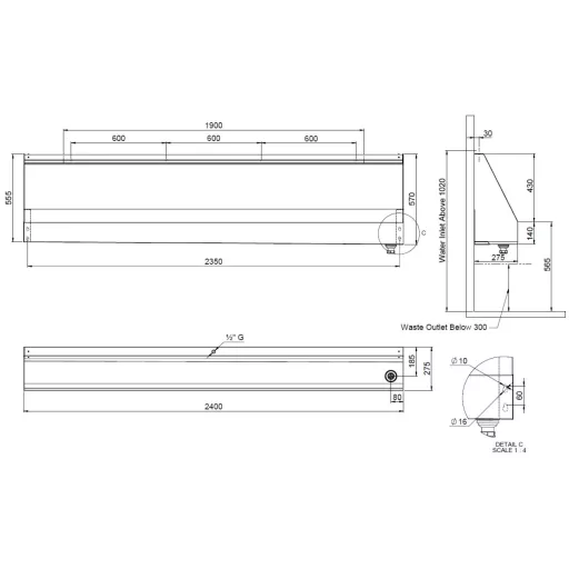 Vandálbiztos piszoár vályú, fali rögzítésű, 4 személyes, r.m. acél, selyem, 1,2 mm falvastagság, 2400 mm