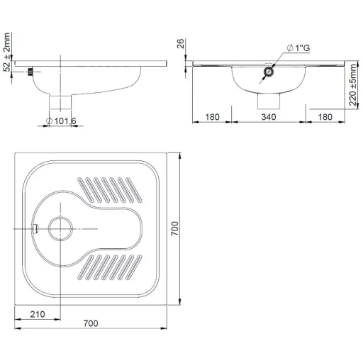 Pottyantós WC csésze - Török WC, r.m. acél, 1,2 mm falvastagság