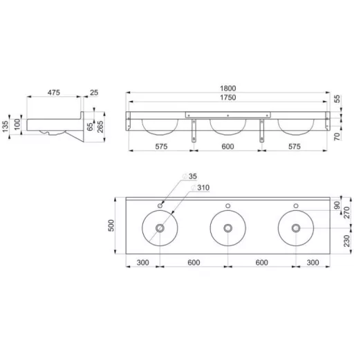 DELABIE TRIPLO RP vandálbiztos sormosdó 1800 mm, három személyes, hátfallal, 35 mm-es középső csapfurattal, szifontakaró nélkül, r.m. acél, 1,5 mm falvastagság