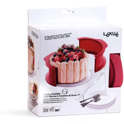 A 180 milliméter átmérőjű, 2 liter űrtartalmú tortaforma piros színű, tapadásmentes szilikon gyűrűje és karcálló kerámia alja tökéletesen szivárgásmentes záródást biztosít, leh