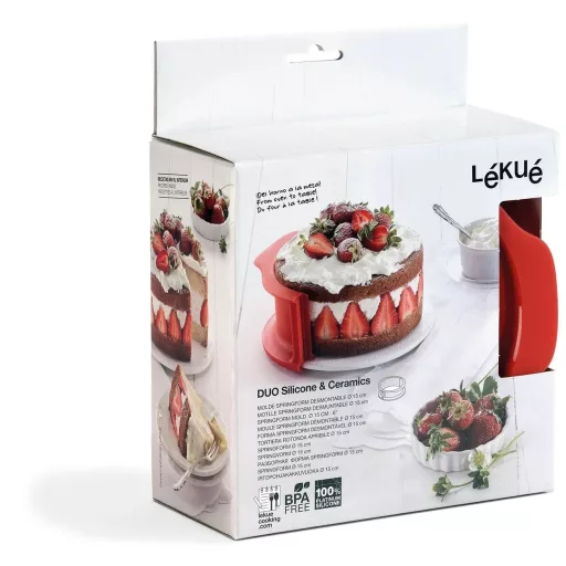 A 150 milliméter átmérőjű, 1 liter űrtartalmú mini tortaforma piros színű, rugalmas szilikon gyűrűje és karcálló kerámia alja tökéletesen szivárgásmentes záródást biztosít, ezá