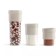   Lékué Flip Storage Food Container Set élelmiszertároló edény 3db-os szett, 1db 1,35L- 1,6L-es, 2db 0,6L-0,85L-es, Flip tartozékkal bővíthető - 2 kapacitással, kiöntő kiegészítővel, műanyag, áttetsző/bézs - 883040