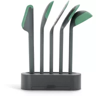   Lékué Non-Scratch Cooking Utensils konyhai eszköz szett, 5db-os, tartóállvánnyal, pihentető tálcával, platina szilikon élvédőkkel, hőálló, karcmentes, szürke/zöld - 883484