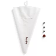   Lékué Reusable Piping Bag Kit habzsák szett, 3db r.m. acél díszitő fejjel, csavaros rögzítőgyűrű, áttetsző/barna - 883729