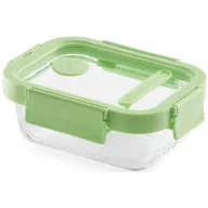   Lékué Glass Container Rectangular hőálló üveg ételtároló doboz szivárgásmentes és gőzszelepes üvegfedővel, téglalap, 370ml, dátumjelölő, halmozható, áttetsző/zöld - 883866