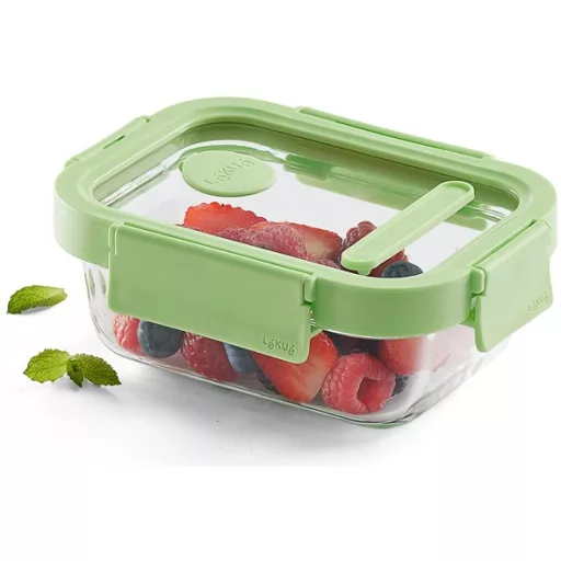 Lékué Glass Container Rectangular hőálló üveg ételtároló doboz szivárgásmentes és gőzszelepes üvegfedővel, téglalap, 370ml, dátumjelölő, halmozható, áttetsző/zöld - 883866