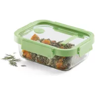   Lékué Glass Container Rectangular hőálló üveg ételtároló doboz szivárgásmentes és gőzszelepes üvegfedővel, téglalap, 1050ml, dátumjelölő, halmozható, áttetsző/zöld - 883903