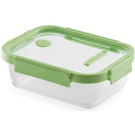   Lékué Glass Container Rectangular hőálló üveg ételtároló doboz szivárgásmentes és gőzszelepes üvegfedővel, téglalap, 1520ml, dátumjelölő, halmozható, áttetsző/zöld - 883927