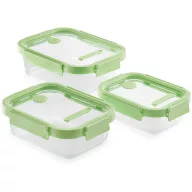   Lékué Rectangular Glass Containers téglalap üvegedény készlet, 3db - 1,52L/1,05L/0,64L, egymásra tehető, légmentesen zárodó fedéllel, gőzkieresztő szeleppel, zöld - 883941