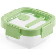   Lékué Glass Container Square hőálló üveg ételtároló doboz szivárgásmentes és gőzszelepes üvegfedővel, négyzetes, 320ml, dátumjelölő, halmozható, áttetsző/zöld - 883965