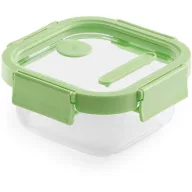   Lékué Glass Container Square hőálló üveg ételtároló doboz szivárgásmentes és gőzszelepes üvegfedővel, négyzetes, 520ml, dátumjelölő, halmozható, áttetsző/zöld - 883989