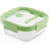   Lékué Glass Container Square hőálló üveg ételtároló doboz szivárgásmentes és gőzszelepes üvegfedővel, négyzetes, 800ml, dátumjelölő, halmozható, áttetsző/zöld - 884009