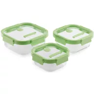  Lékué Square Glass Containers négyzetes üvegedény készlet, 3db - 1,1L/0,8L/0,52L, egymásra tehető, légmentesen zárodó fedéllel, gőzkieresztő szeleppel, zöld - 884047