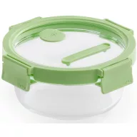   Lékué Glass Container Round hőálló üveg ételtároló doboz szivárgásmentes és gőzszelepes üvegfedővel, kerek, 650ml, dátumjelölő, halmozható, áttetsző/zöld - 884061