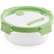   Lékué Glass Container Round hőálló üveg ételtároló doboz szivárgásmentes és gőzszelepes üvegfedővel, kerek, 950ml, dátumjelölő, halmozható, áttetsző/zöld - 884085