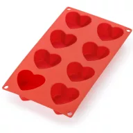   Lékué Silicone Heart Mould szív alakú sütőforma, 8db süteményhez, tapadásmentes, platina szilikon, piros - 885488