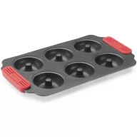   Lékué Non-Stick Doughnuts Mould tapadásmentes fánk sütőforma, 6db fánkhoz, acél, platina szilikon piros fogantyúk, szürke - 887284