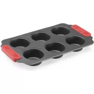   Lékué Non-Stick Muffins Mould tapadásmentes muffin sütőforma, 6db muffinhoz, acél, platina szilikon piros fogantyúk, szürke - 887383