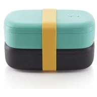   Lékué LunchBox To Go dupla uzsonnásdoboz szett, emeletes, szeleppel és gumi zárópánttal, szivárgásmentes, mikrozható, 2x500ml, műanyag, fekete és türkiz - 888144