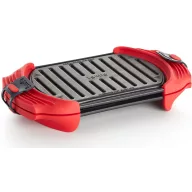   Lékué Microwave Grill mikrohullámú sütőbe grill sütőlapok, 1-2 adaghoz tervezve, tapadásmentes bevonat, acél, platina szilikon piros fogantyúk, szürke - 888243