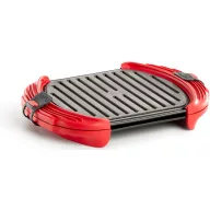   Lékué Microwave Grill XL mikrohullámú sütőbe grill sütőlapok, 3-4 adaghoz tervezve - XL méret, tapadásmentes bevonat, acél, platina szilikon piros fogantyúk, szürke - 888342