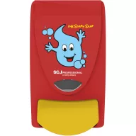   SCJP Proline nyomógombos szappanadagoló kézmosó patronokhoz Mr Soapy Soap grafikával óvodai és iskolai mosdókba, manuális, 1L, ABS műanyag, piros/citromsárga