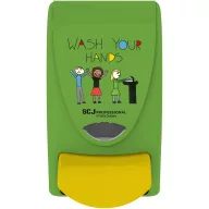   SCJP Proline nyomógombos szappanadagoló kézmosó patronokhoz Wash Your Hands grafikával óvodai és iskolai mosdókba, manuális, 1L, ABS műanyag, zöld/citromsárga