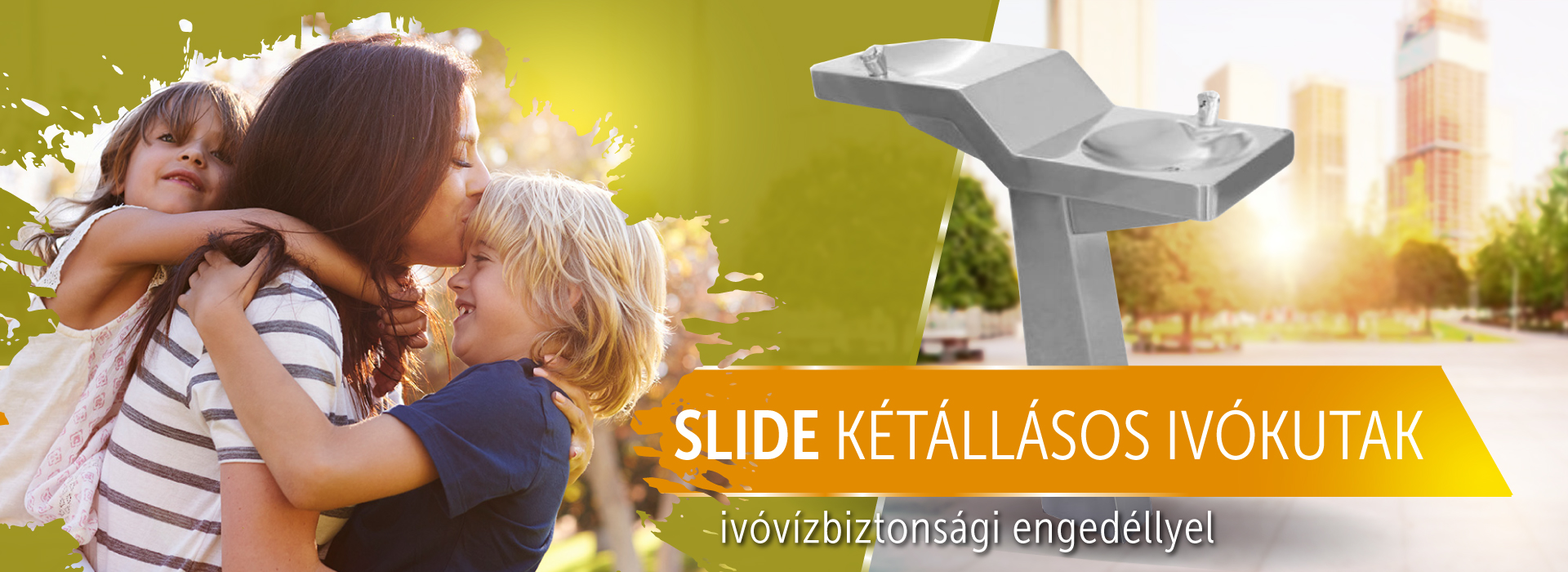 SLIDE két állású felnőtt és gyerek számára kialakított ivókút ivóvízbiztonsági engedéllyel