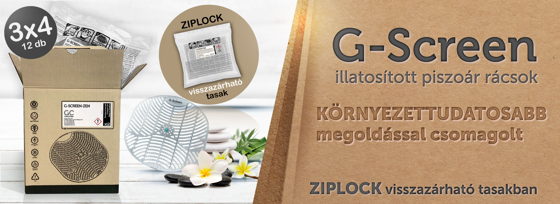 környezettudatosabb ZIPLOCK viszazárható tasakba csomagolt G-Screen piszoár rácsok