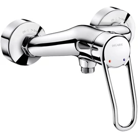 DELABIE kézi keverős zuhanycsap ergonomikus karral, alsó csonkkal, falon kívüli vízbekötéssel, STOP/CHECK takarótárcsákkal, 9L/p