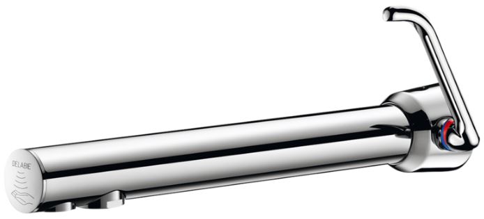 DELABIE BINOPTIC MIX fali infracsap H-M vízre hosszú keverőkarral szervizfolyosós szereléshez, 230mm kifolyási benyúlás, hálózati