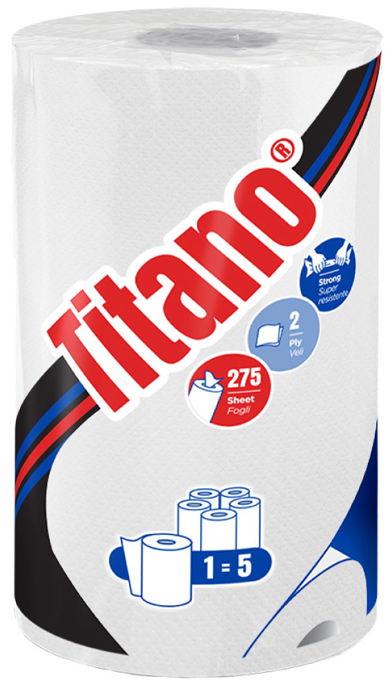 TITANO konyhai papírtörlő jó nedvszívó hatással, nem szöszöl, 2 rétegű, 100% cellulóz, hófehér, 66m/tekercs, 12tekercs/zsugor