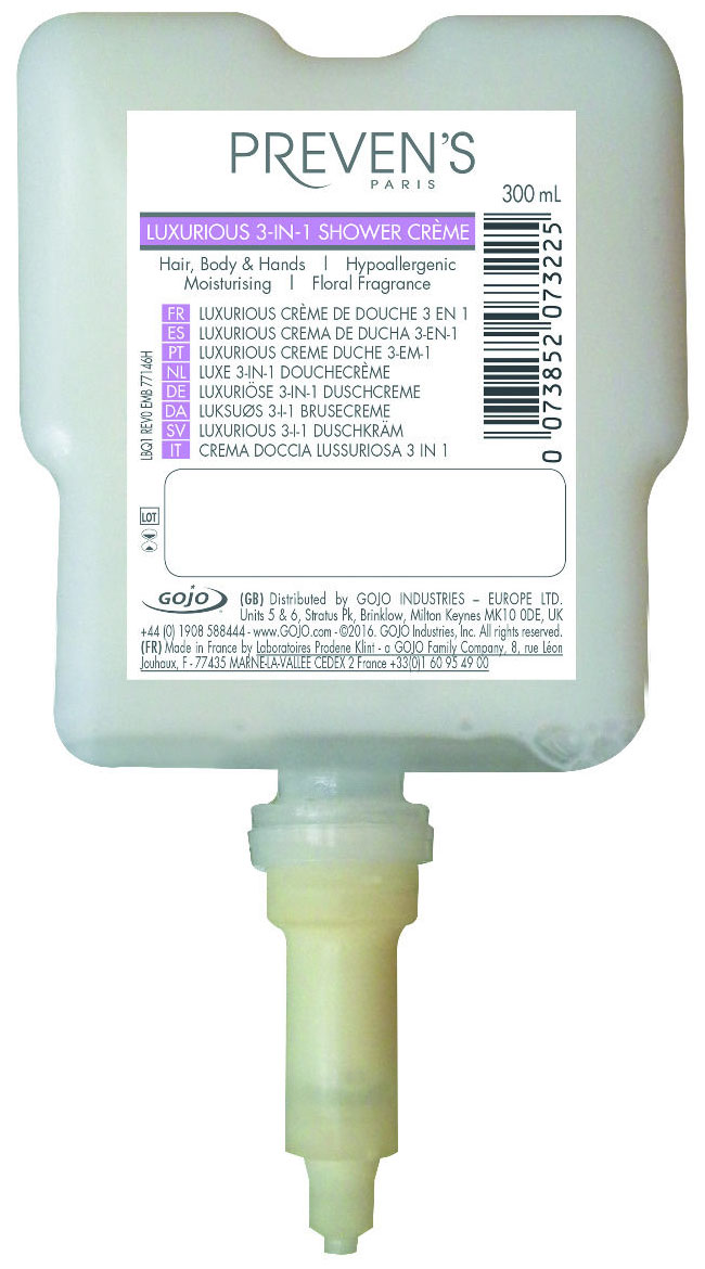 GOJO PREVENS PARIS CURVE Luxus 3 az 1-ben krémtusfürdő, sampon és szappan gél utántöltő patron adagolófejjel, 300 ml