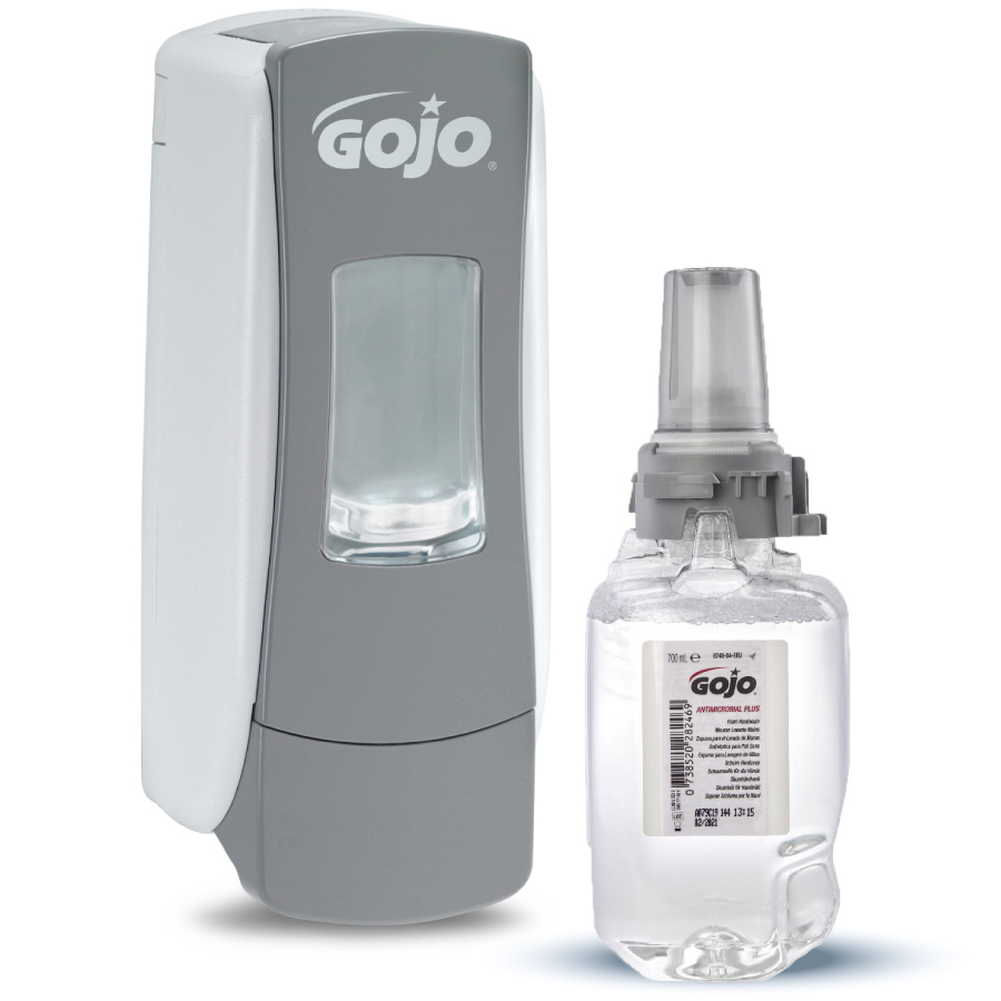 GOJO ADX-7 Starter kezdőcsomag D1 - 1db fehér/szürke ADX-7 nyomógombos adagoló + 1db Antimikrobiális Plus habszappan patron 700ml