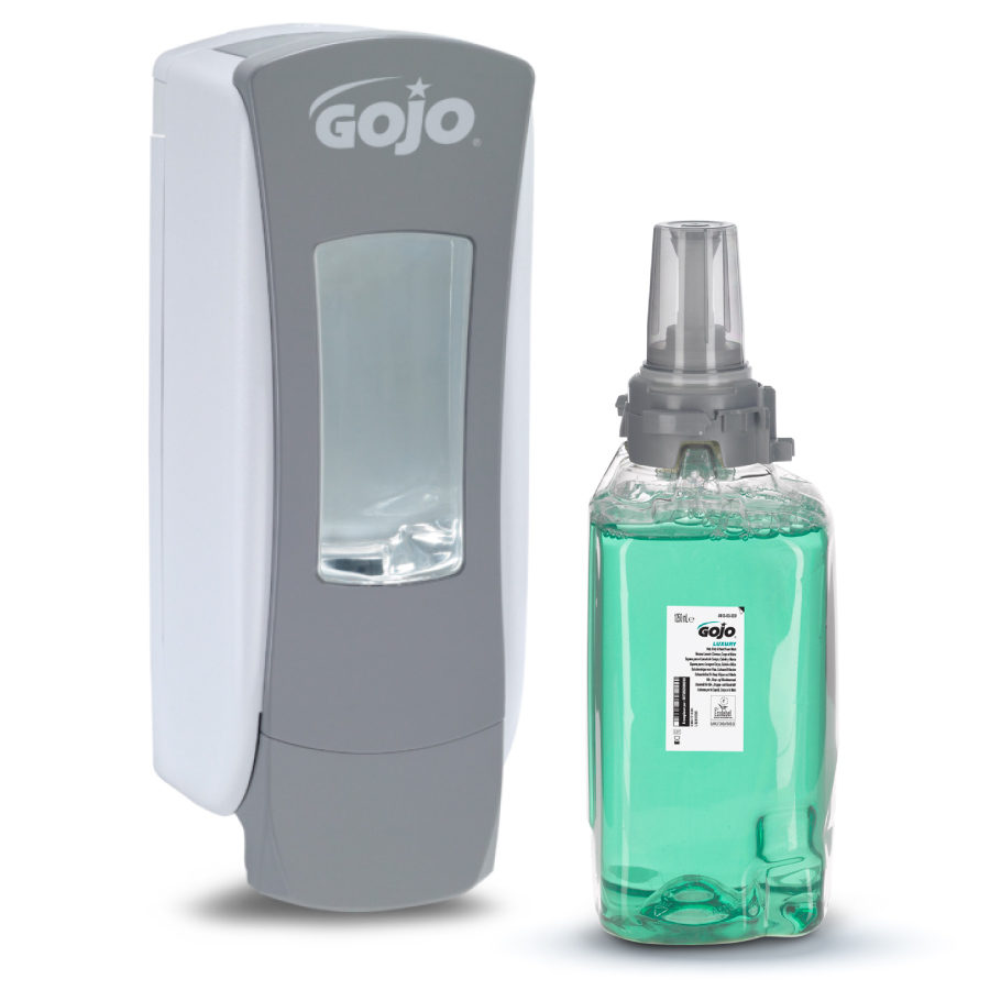 GOJO ADX-12 Starter kezdőcsomag D1 - 1db fehér/szürke ADX-12 nyomógombos adagoló + 1db Luxus habszappan és habtusfürdő patron 1250ml