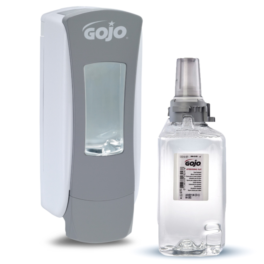GOJO ADX-12 Starter kezdőcsomag D1 - 1db fehér/szürke ADX-12 nyomógombos adagoló + 1db Antimikrobiális Plus habszappan patron 1250ml