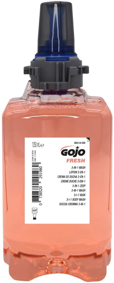 GOJO Fresh 3 az 1-ben tusfürdő, sampon és folyékonyszappan utántöltő patron, gyümölcs illatú, rózsaszín, gél állagú, ADX-12 rendszer, 1250ml