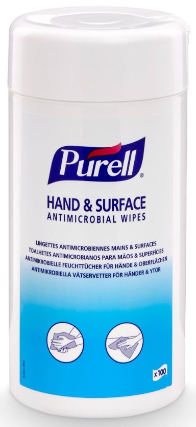PURELL Hand & Surface Antimicrobial Wipes, 180x200mm kézfertőtlenítő és felületfertőtlenítő kendő, 100db/tégely