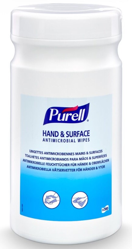 PURELL Hand & Surface Antimicrobial Wipes, 200x220mm kézfertőtlenítő és felületfertőtlenítő kendő, 200db/tégely