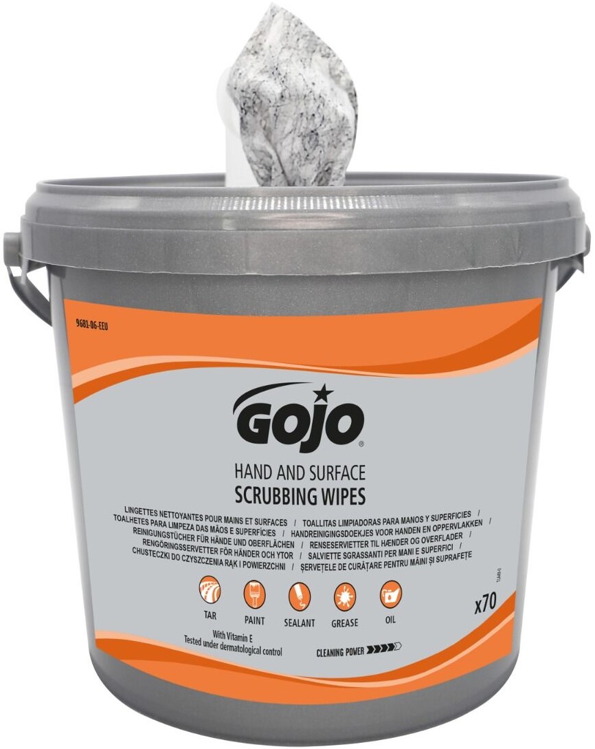 GOJO nedves ipari kéztörlő és felülettörlő kendő, 300x250mm lapméret, citrus illat, 70db/vödör, kéztisztító hatás 4/5