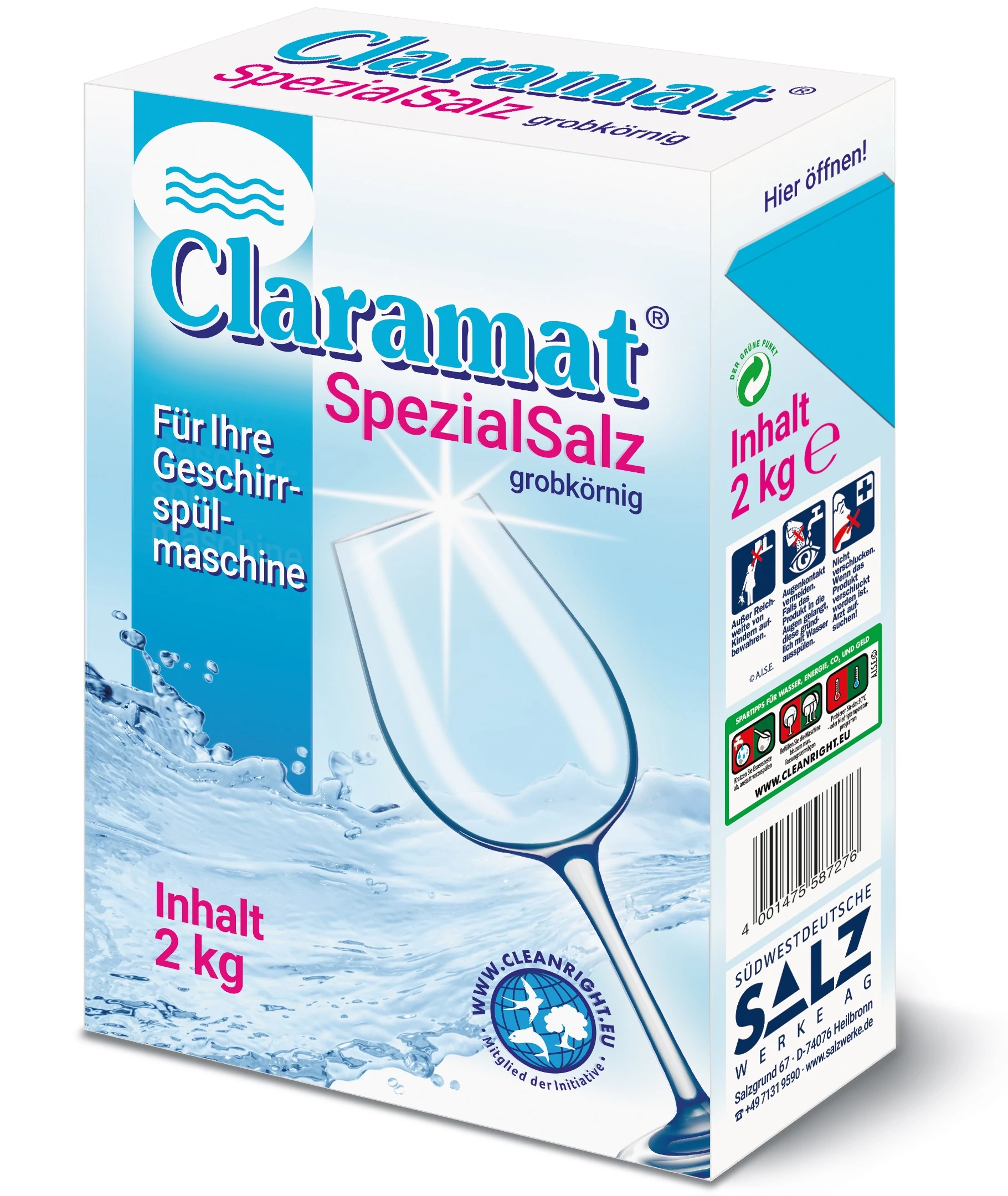 Claramat SpecialSalz regeneráló só, durva szemcsés vízlágyító só granulátum mosogatógépekbe, EasyFill papírdobozban, 2kg/doboz