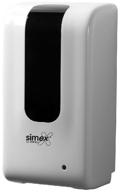 SIMEX automata kézfertőtlenítő gél és folyadék adagoló, 1,2 literes belső műanyag tartállyal, ABS műanyag házzal, fehér, elemes 4x1,5V C-LR14