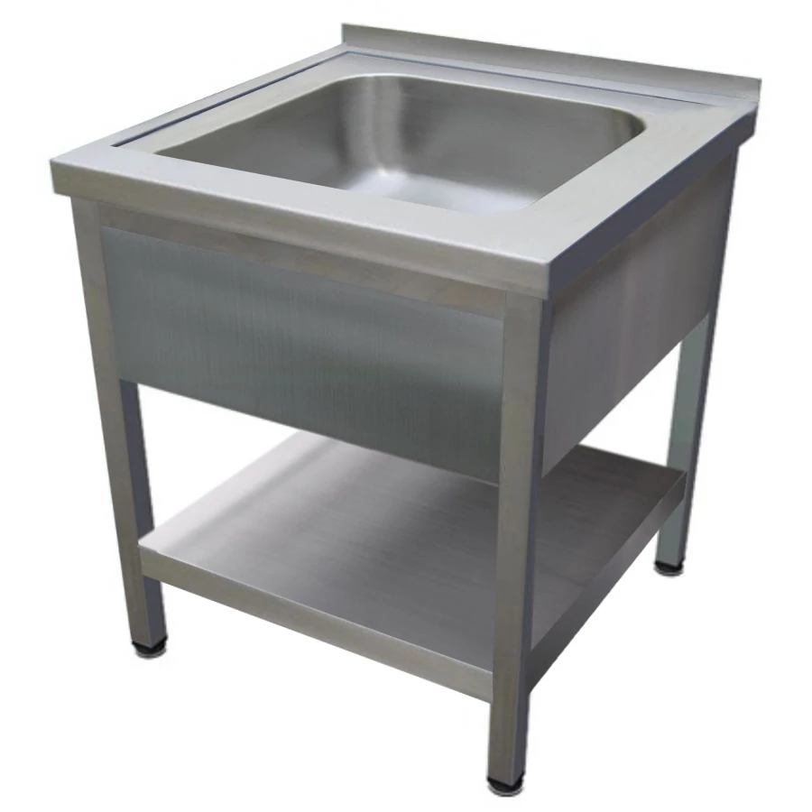 500mm 1 medencés nagykonyhai mosogató 400x400x250mm medencével, lábra állítva, takaróköpennyel, polccal, r.m. acél