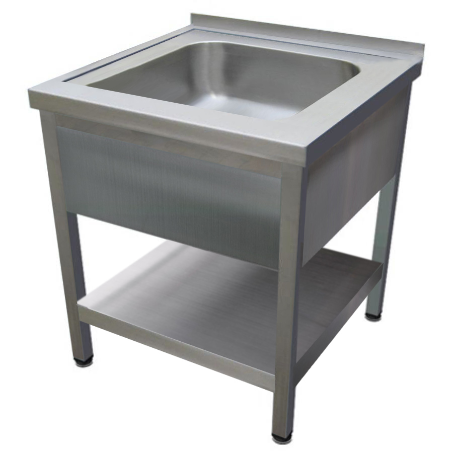 600mm 1 medencés nagykonyhai mosogató 500x500x300mm medencével, lábra állítva, takaróköpennyel, polccal, r.m. acél