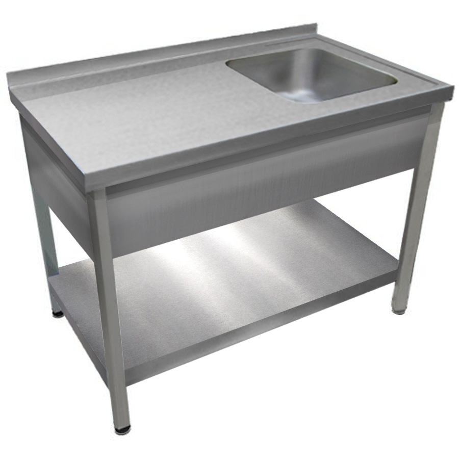 1000mm 1 medencés nagykonyhai mosogató bal oldali csepegtetővel, 500x500x300mm medencével, lábra állítva, takaróköpennyel, polccal, r.m. acél