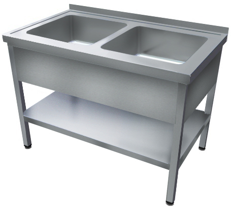 1000mm 2 medencés nagykonyhai mosogató 400x400x250mm medencékkel, lábra állítva, takaróköpennyel, polccal, r.m. acél