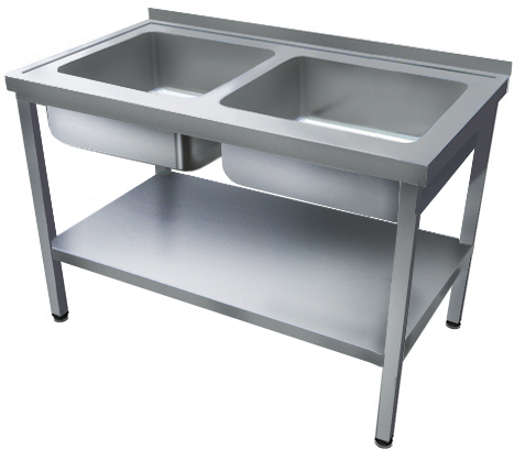1000mm 2 medencés nagykonyhai mosogató 400x500x250mm medencékkel, lábra állítva, polccal, r.m. acél