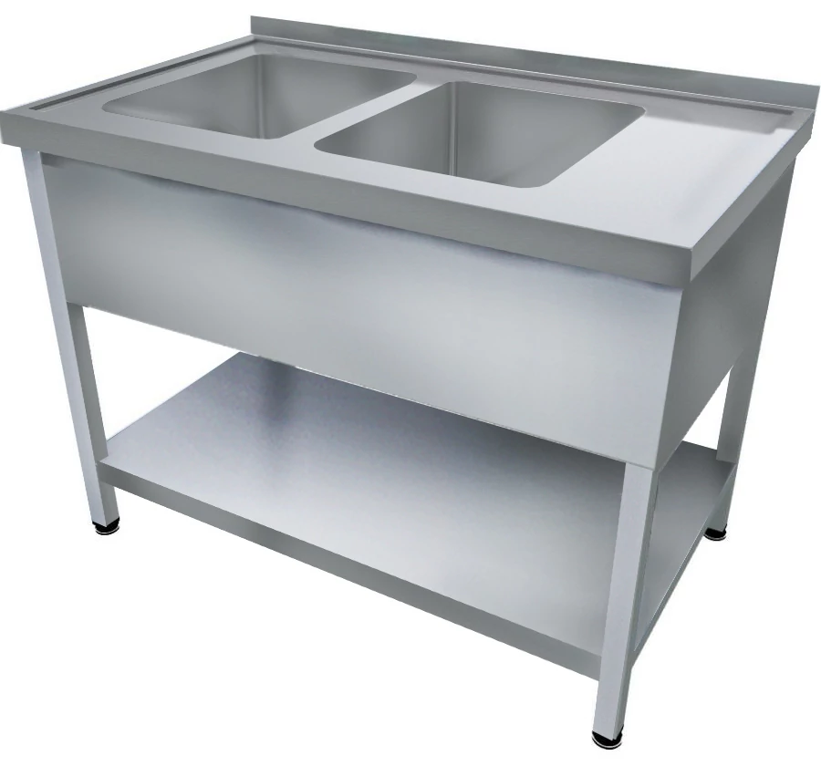 1600mm 2 medencés nagykonyhai mosogató jobb oldali csepegtetővel, 500x400x250mm medencékkel, lábra állítva, takaróköpennyel, polccal, r.m. acél