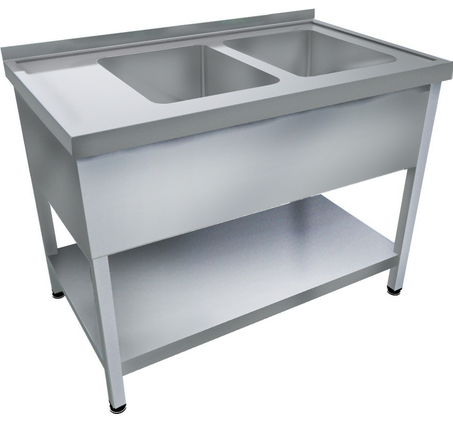 1600mm 2 medencés nagykonyhai mosogató bal oldali csepegtetővel, 500x400x250mm medencékkel, lábra állítva, takaróköpennyel, polccal, r.m. acél