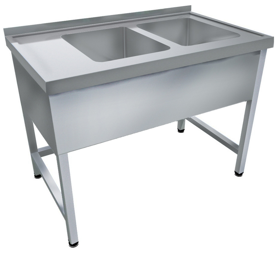1600mm 2 medencés nagykonyhai mosogató bal oldali csepegtetővel, 500x500x300mm medencékkel, lábra állítva, takaróköpennyel, r.m. acél